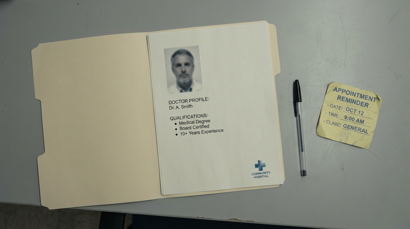 Generic hospital doctor profile page showing templated layout with no personality